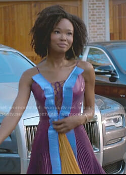 Monica's purple pleated lace-up dress on Dynasty