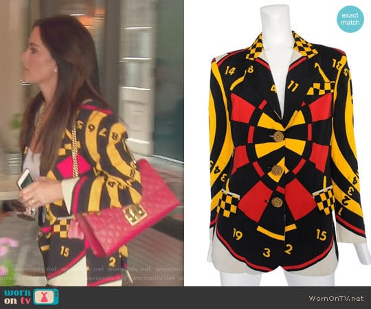 Vintage Dartboard Print Jacket by Moschino worn by Kyle Richards on The Real Housewives of Beverly Hills