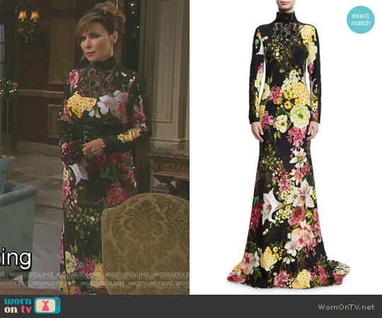 Floral-Print Long-Sleeve High-Neck Gown by Naeem Khan worn by Kate Roberts (Lauren Koslow) on Days of our Lives