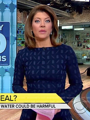 Norah’s blue geometric print dress on CBS This Morning