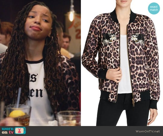 Embellished Leopard Silk Bomber Jacket by Pam & Gela worn by Jazlyn Forster (Chloe Bailey) on Grown-ish