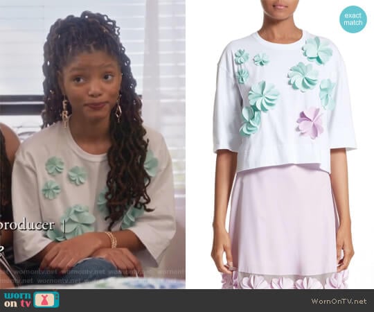 Floral Applique Crop Tee by Paskal worn by Skylar Forster (Halle Bailey) on Grown-ish