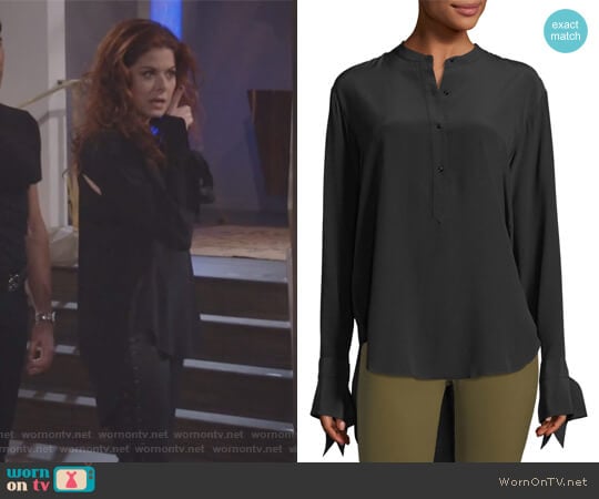 Dylan Long-Sleeve Silk Blouse w/ Tie Cuffs by Rag & Bone worn by Grace Adler (Debra Messing) on Will and Grace