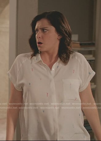 Rebecca's white seahorse print shirt on Crazy Ex-Girlfriend