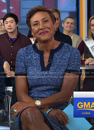 Robin’s blue tweed v-neck dress on Good Morning America