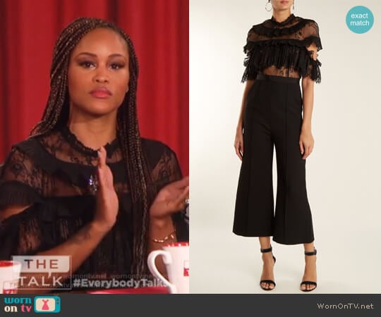 Ruffled-lace wide-leg cady jumpsuit by Self Portrait worn by Eve on The Talk