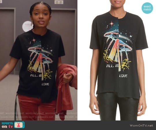 All Is Love UFO Asymmetrical Tee by Stella McCartney worn by Zoey Johnson (Yara Shahidi) on Grown-ish