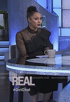 Tamera’s black ruffled jumpsuit on The Real