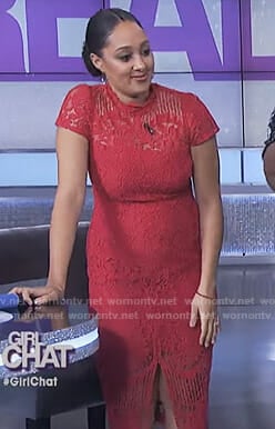 Tamera's red lace dress with front slit on The Real