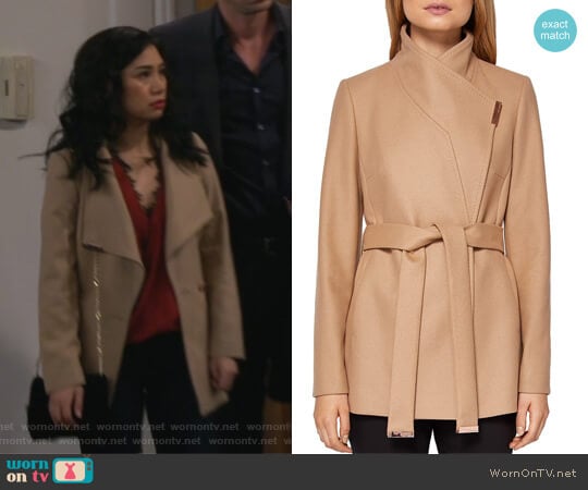 Keyla Short Wrap Coat by Ted Baker worn by Eve Roberts (Liza Lapira) on 9JKL