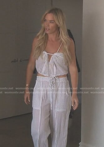 Teddi’s white striped crop top and pants set on The Real Housewives of Beverly Hills