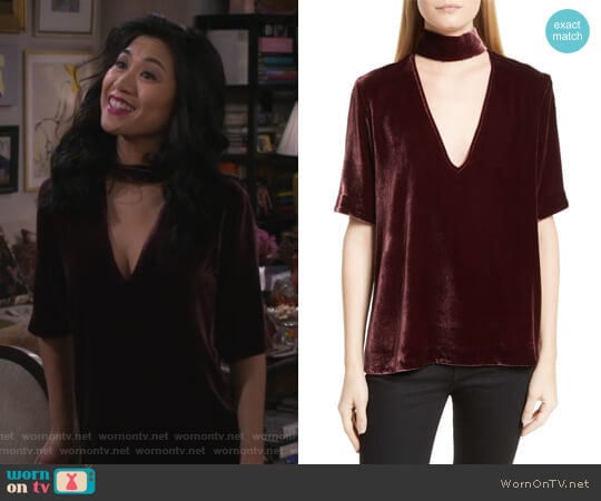 Choker Collar V-Neck Velvet Top by Theory worn by Eve Roberts (Liza Lapira) on 9JKL