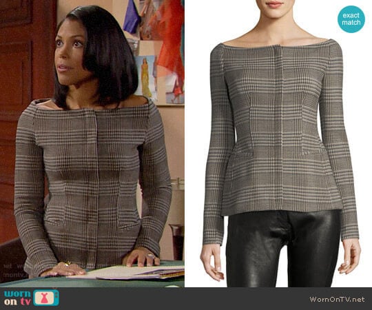 Theory Off-the-Shoulder Wool Plaid Jacket worn by Maya Avant (Karla Mosley) on The Bold and the Beautiful