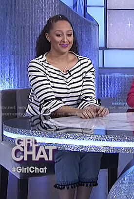 Tamera’s striped pom pom top and Cropped jeans on The Real