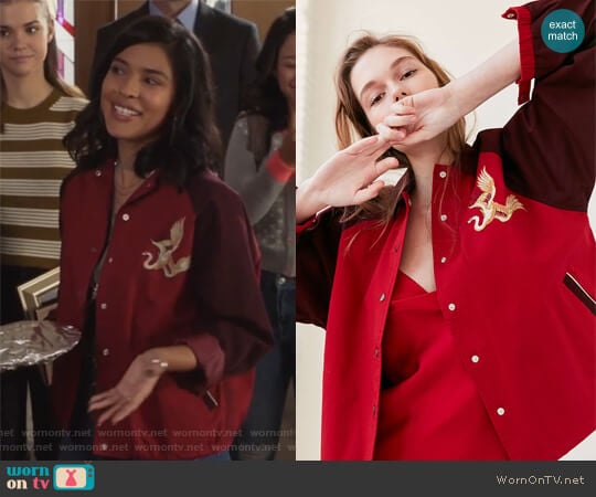 Golden Dragon Embroidered Baseball Coach Bomber by Urban Outfitters worn by Ximena Sinfuego (Lisseth Chavez) on The Fosters