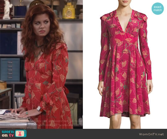 Lotus-Print Silk V-Neck Dress by Valentino worn by Grace Adler (Debra Messing) on Will and Grace