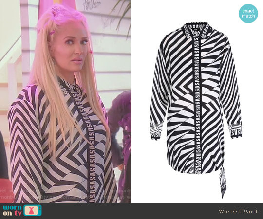 Zebra-Striped Silk Long Shirt by Versus Versace worn by Erika Jayne on The Real Housewives of Beverly Hills