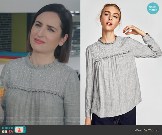 Blouse with Pearl Beads by Zara worn by Jennifer Short (Zoe Lister-Jones) on Life in Pieces