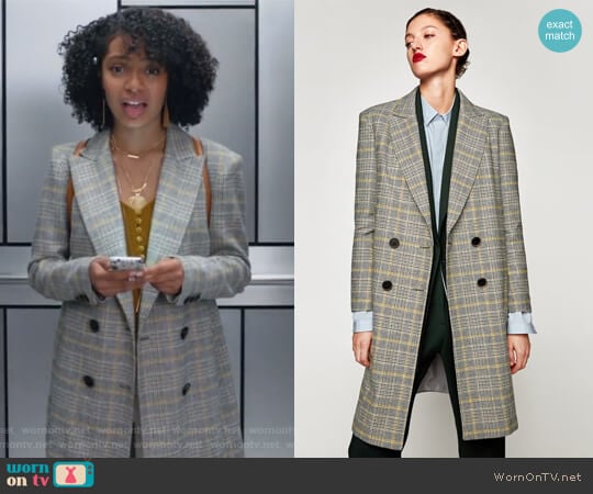 Checked Coat by Zara worn by Zoey Johnson (Yara Shahidi) on Grown-ish