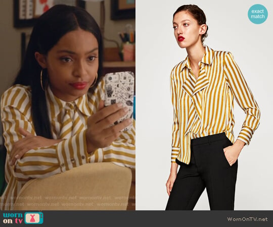 Satin Shirt with Front Detail by Zara worn by Zoey Johnson (Yara Shahidi) on Grown-ish