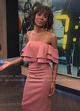 Zuri's pink ruffled off-shoulder dress on E! News