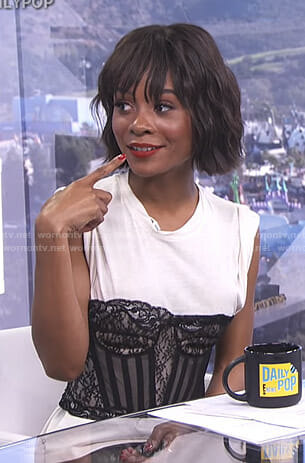 Zuri’s white t-shirt with lace corset on E! News Daily Pop