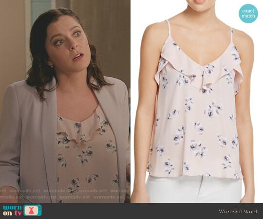 Floral Ruffle V-Neck Cami by Aqua worn by Rebecca Bunch (Rachel Bloom) on Crazy Ex-Girlfriend