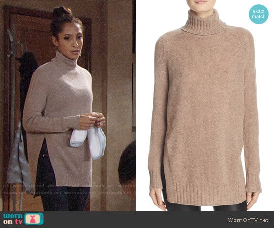 Aqua Cashmere Side-Slit Turtleneck Sweater worn by Lily Winters (Christel Khalil) on The Young and the Restless