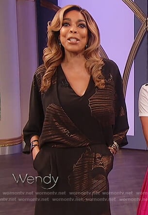 Wendy’s black and gold print faux wrap dress on The Wendy Williams Show