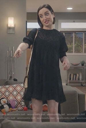 Jen's black polka dot mini dress on Life in Pieces