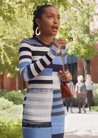 Zoey's blue striped midi sweater dress on Grown-ish