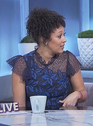 Tamera’s blue floral lace top on The Real