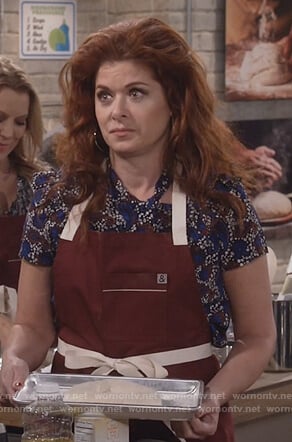 Grace's blue print top and apron on Will and Grace