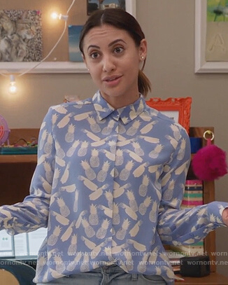 Ana's blue pineapple print shirt on Grown-ish