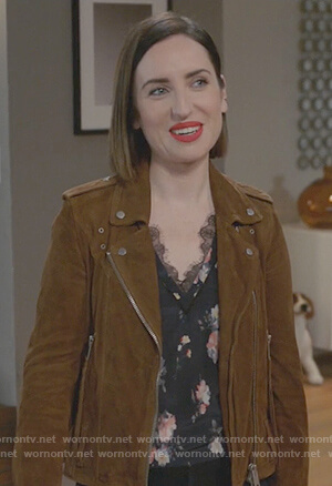 Jen’s  brown suede moto jacket on Life in Pieces