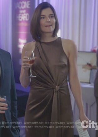 Heather's metallic brown tie knot dress on Life in Pieces