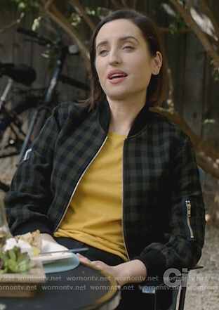 Jen’s check bomber jacket on Life in Pieces