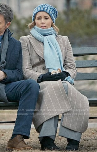 Elizabeth’s long grey striped coat on Madam Secretary