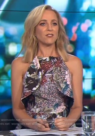 Carrie’s floral print ruffle front dress on The Project