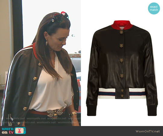 Embroidered Leather Bomber Jacket by Gucci worn by Kyle Richards  on The Real Housewives of Beverly Hills