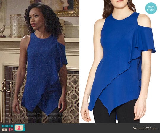 Halston Heritage Ruffle Cold-Shoulder Top worn by Hilary Curtis (Mishael Morgan) on The Young and the Restless