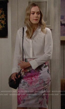 Hope’s white pearl embellished top and floral skirt on The Bold and the Beautiful