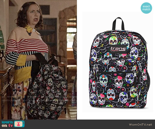 Jansport 17 SuperMax Backpack in Sugar Skulls worn by Carol Pilbasian (Kristen Schaal) on Last Man On Earth