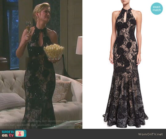 Floral Embellished Sleeveless Halter Evening Gown by Jovani worn by Eve Donovan (Kassie DePaiva) on Days of our Lives