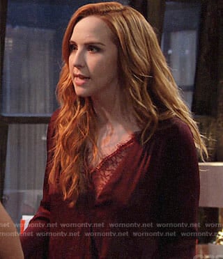 Mariah’s burgundy lace trim blouse on The Young and the Restless