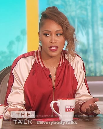 Eve’s maroon zip front bomber jacket on the The Talk