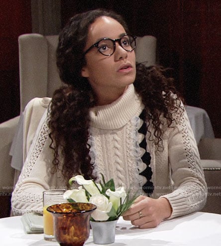 Mattie’s cable knit sweater with ruffles on The Young and the Restless