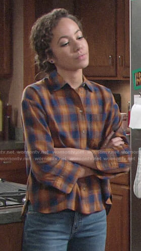 Mattie’s blue and orange plaid shirt on The Young and the Restless