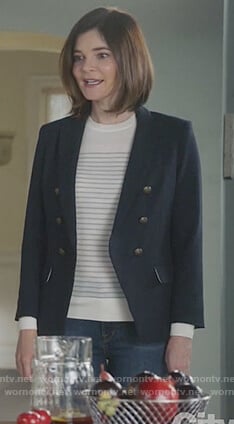 Heather's navy double breasted jacket on Life in Pieces