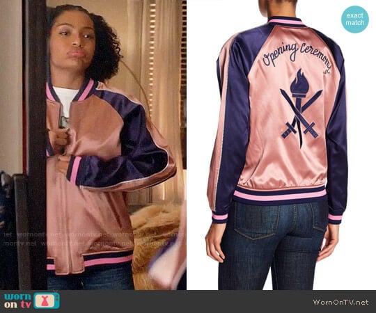 Opening Ceremony Reversible Silk Graphic Bomber Jacket worn by Zoey Johnson (Yara Shahidi) on Grown-ish